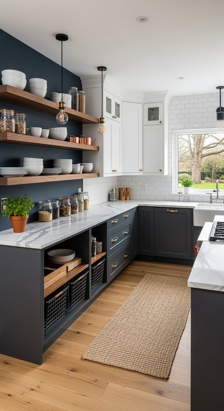 moody floating wood shelves