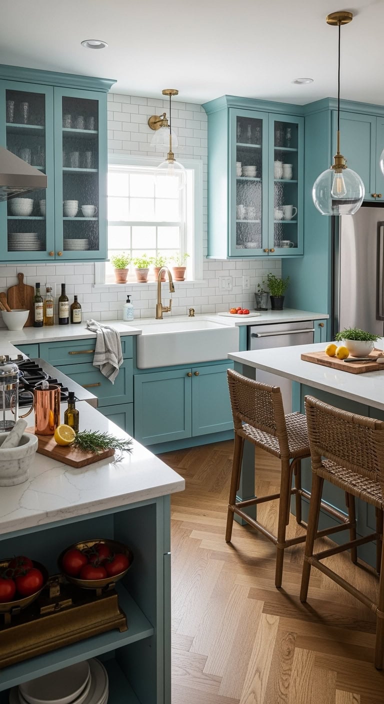 turquoise cabinets with glass inserts
