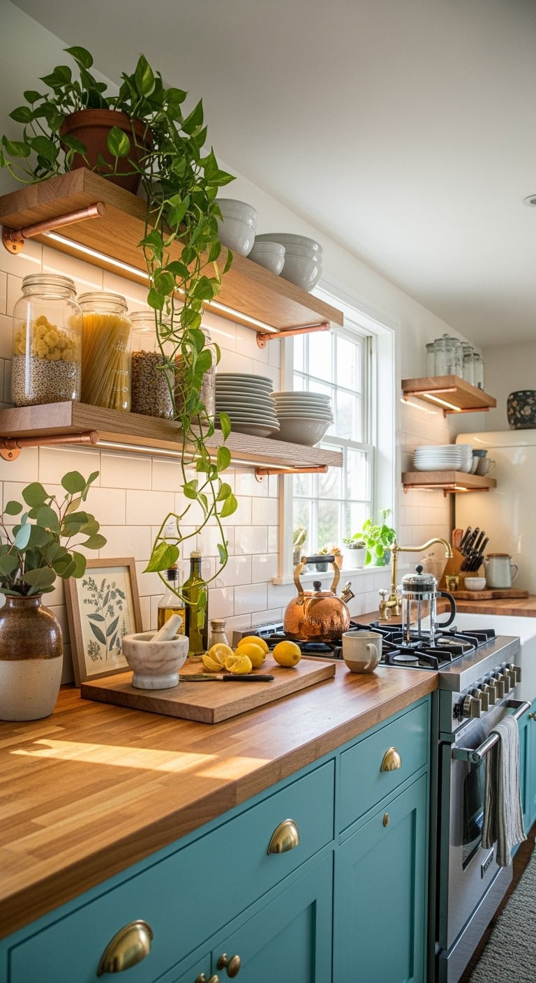 organized chaos with turquoise open shelves