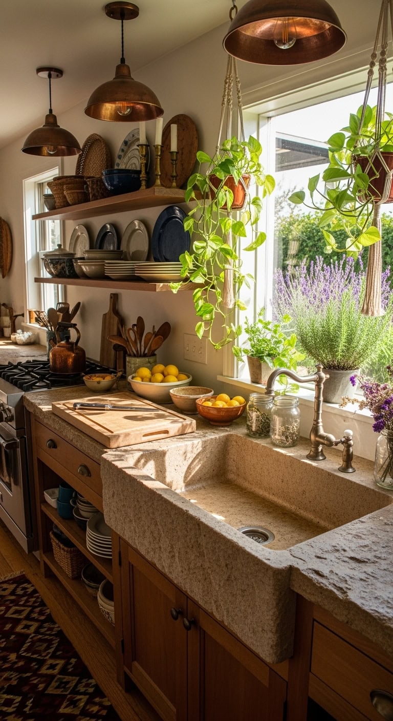 bohemian eclectic natural textured kitchen sink
