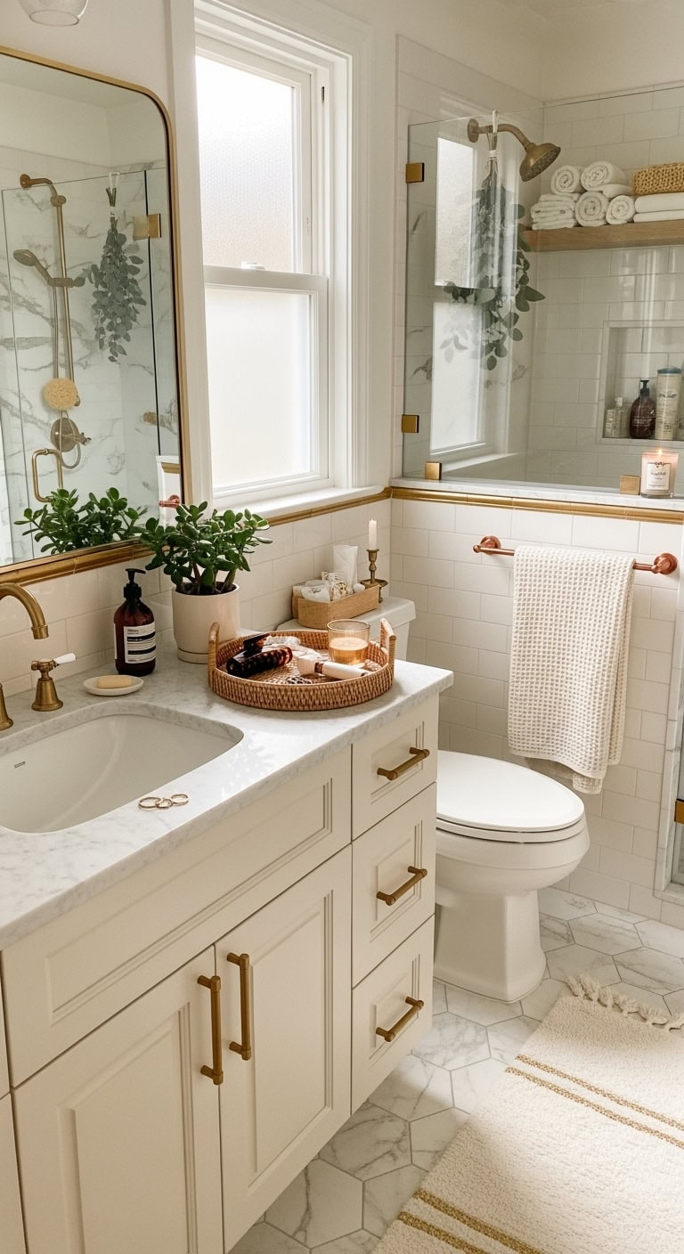 warm metallic bathroom hardware accents