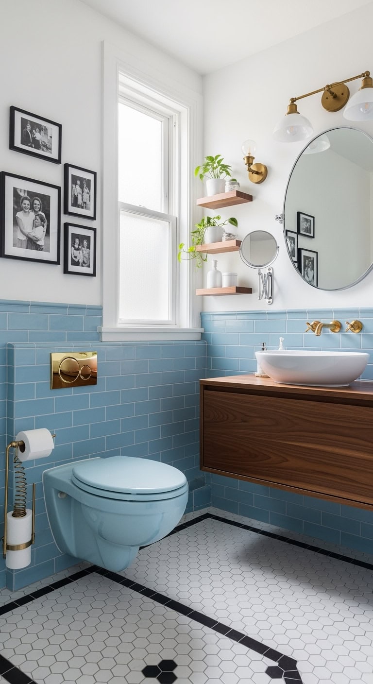 retro powder blue stylish bathroom centerpiece