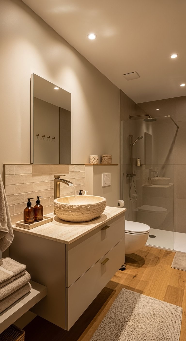elegant beige vanity with dramatic sink