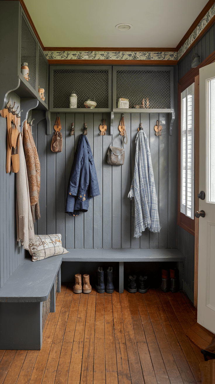 A cozy Victorian farmhouse mudroom featuring vintage hooks, wooden floors, and a warm inviting atmosphere.