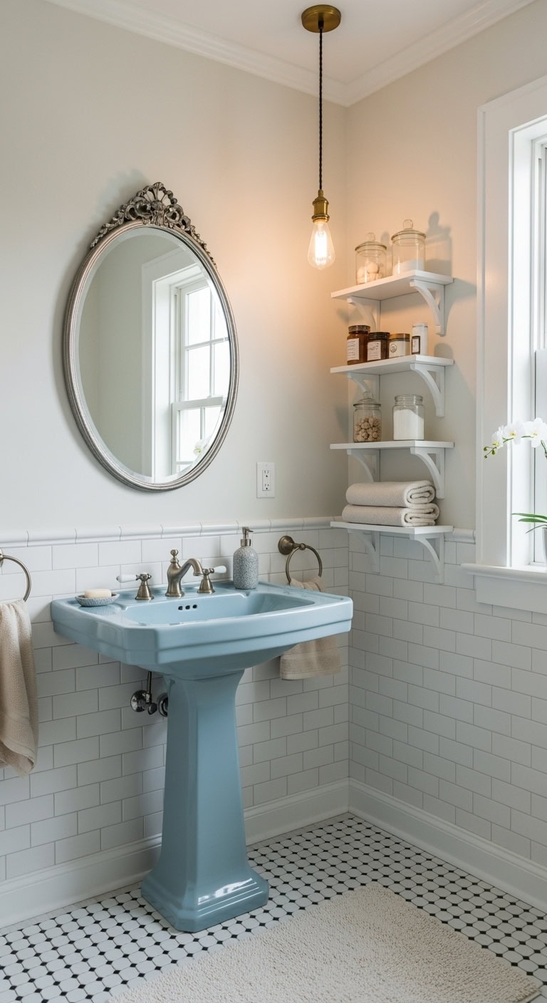 vintage modern pedestal sink elevates small bathroom