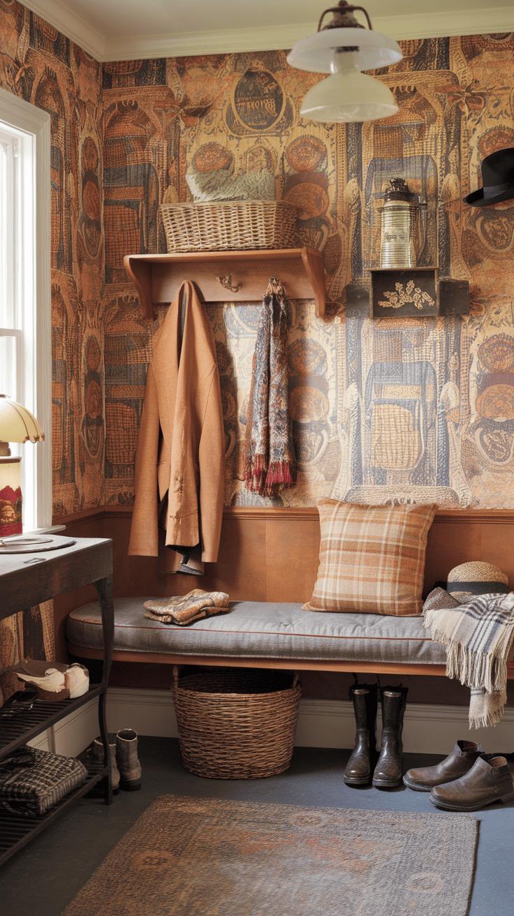 Vintage-inspired wallpaper in a mudroom with warm tones and charming patterns