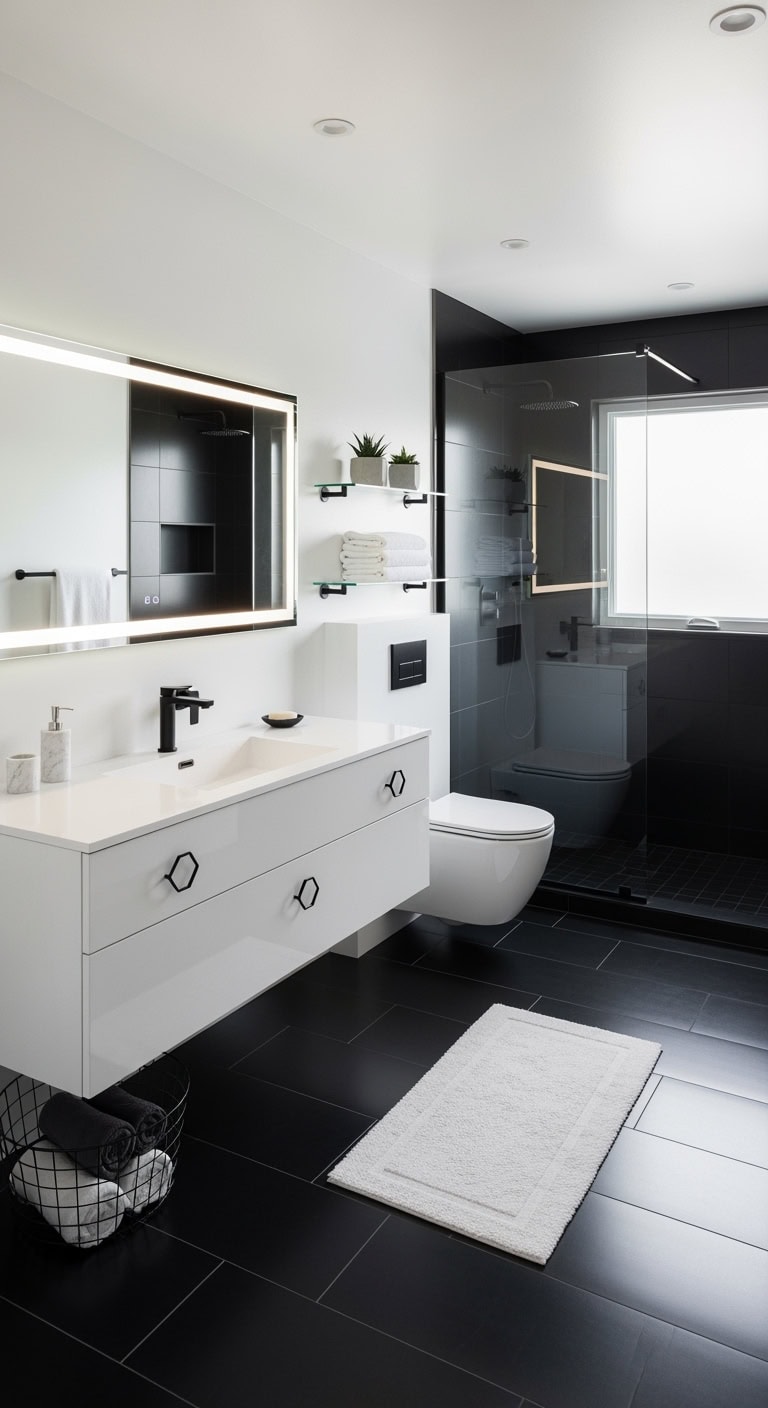 sleek black and white bathroom