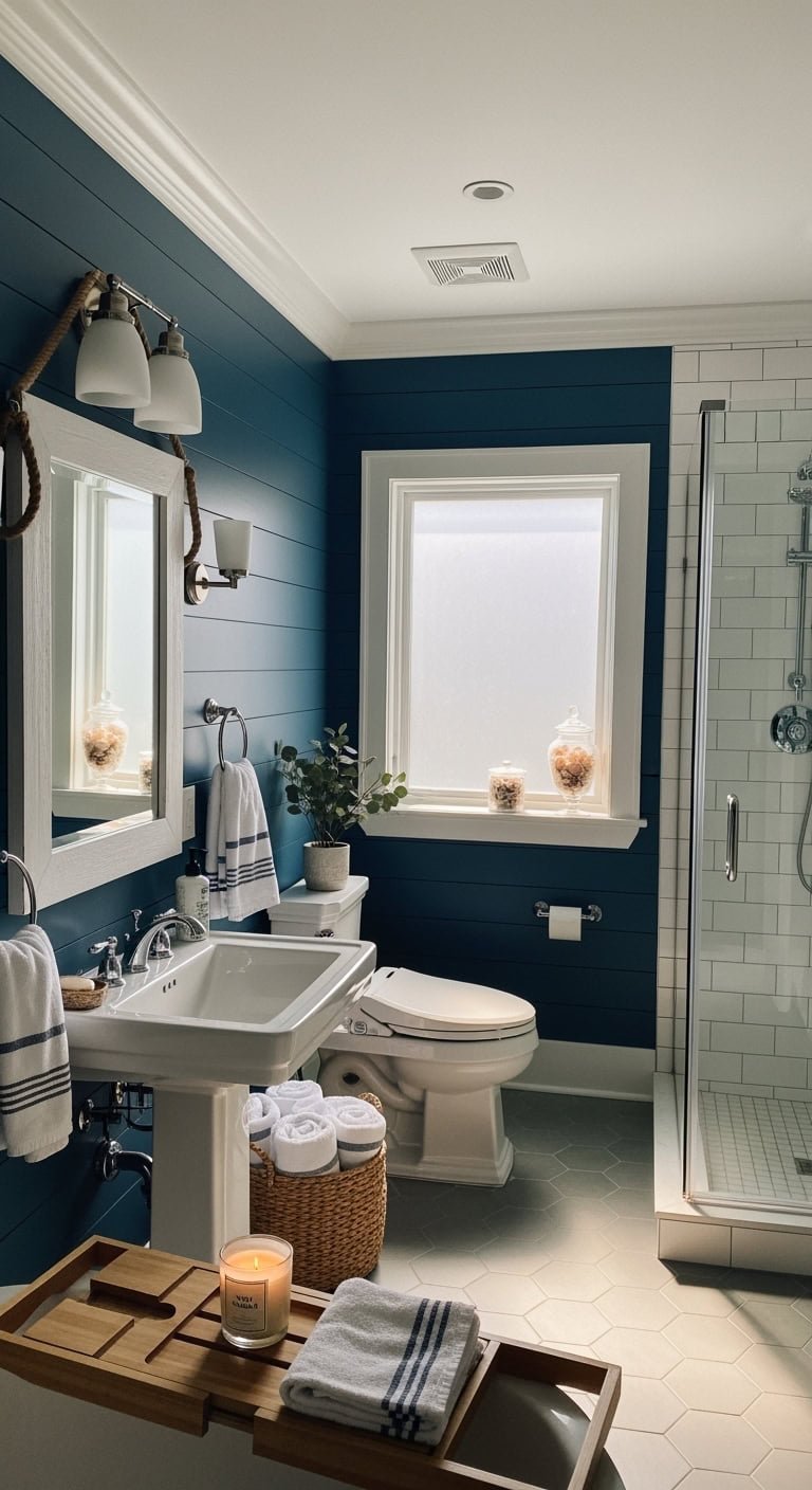 coastal bathroom transformation with navy shiplap