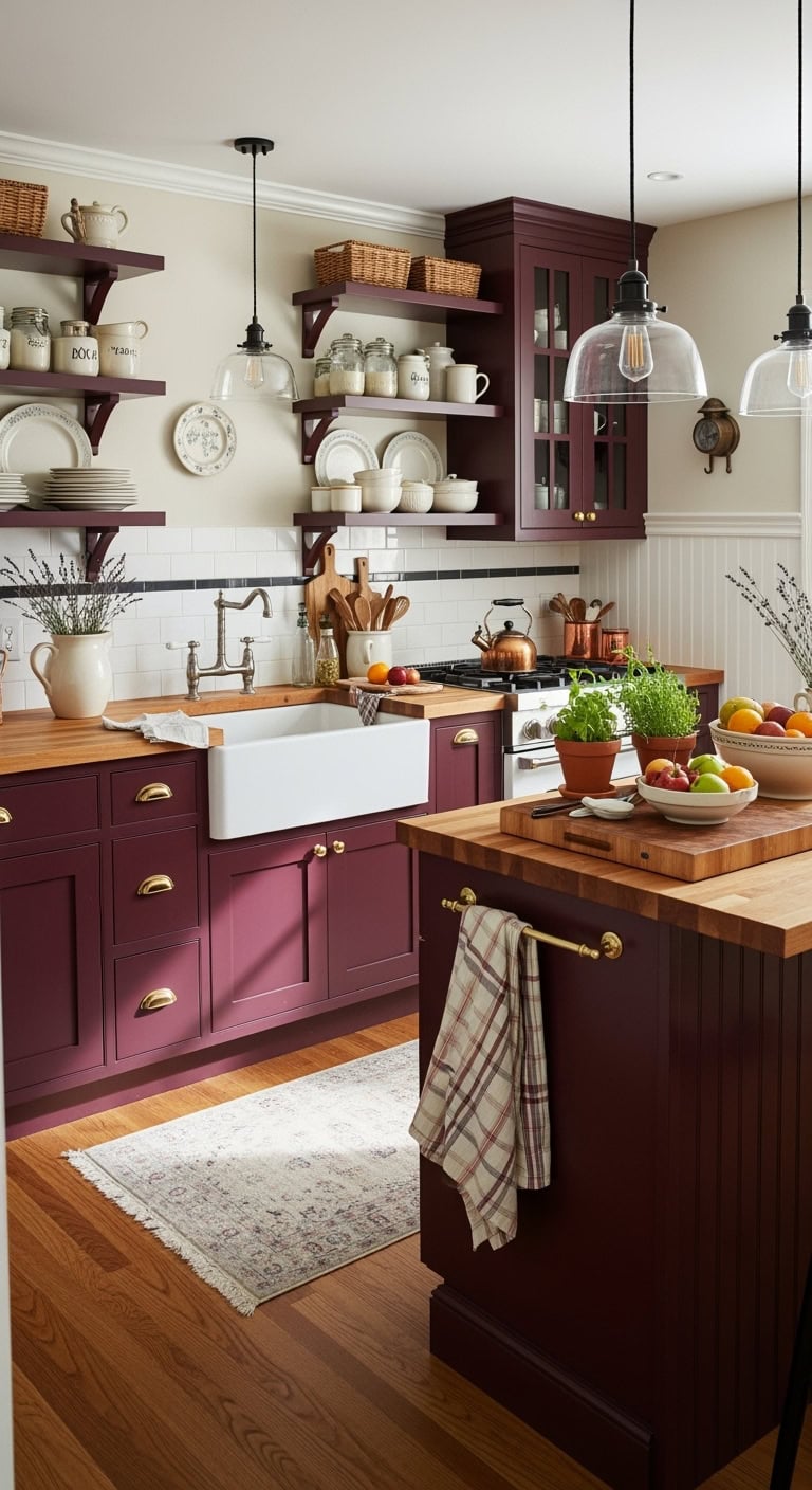 burgundy cottage kitchen elegance