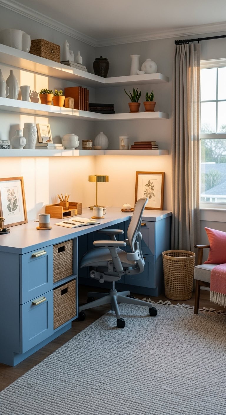 cozy blue desk with warm accents