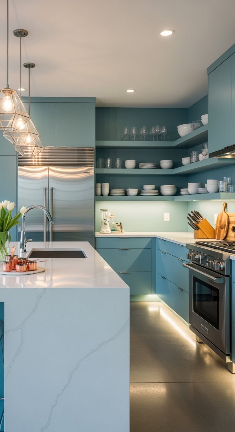 sleek contemporary aqua kitchen
