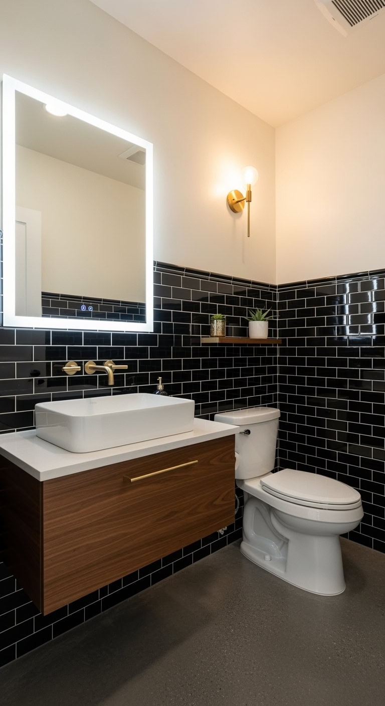 sophisticated black subway tile backsplash