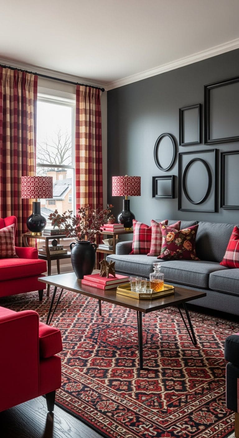 eclectic red accented gallery wall