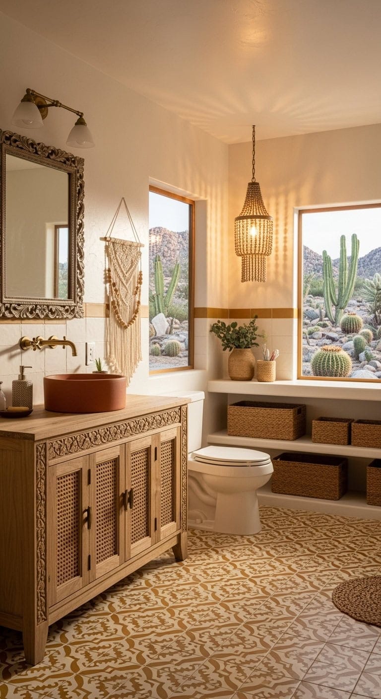 bohemian mustard patterned bathroom