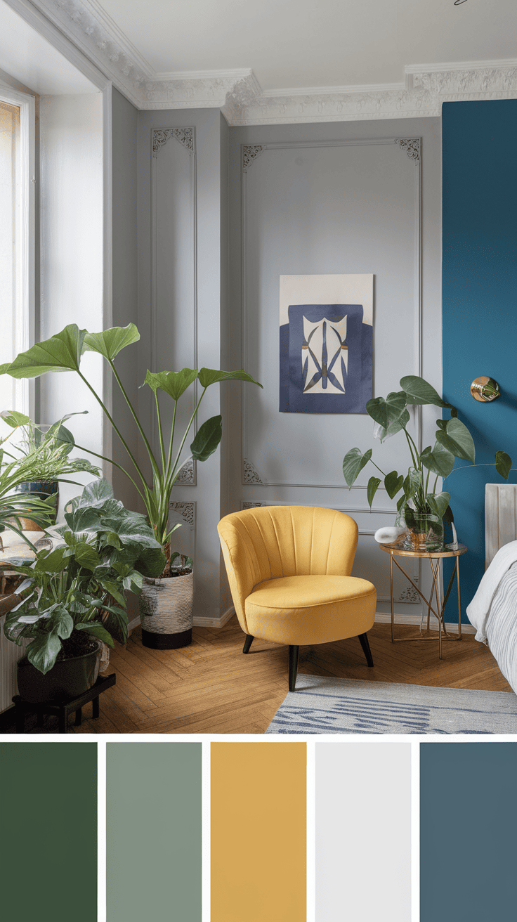 A stylish bedroom featuring gray and blue decor with various indoor plants.