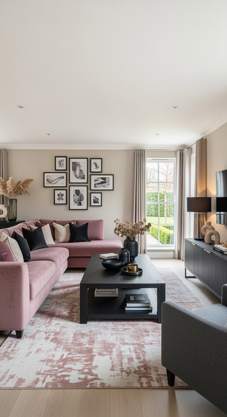 mauve upholstery with black accents