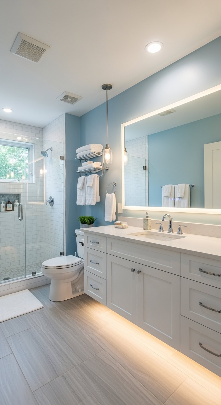 brightening windowless bathroom with blue