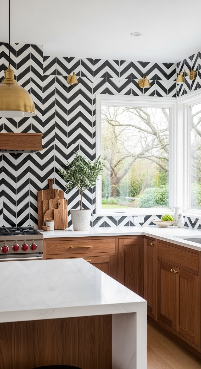 dramatic monochrome chevron kitchen backsplash
