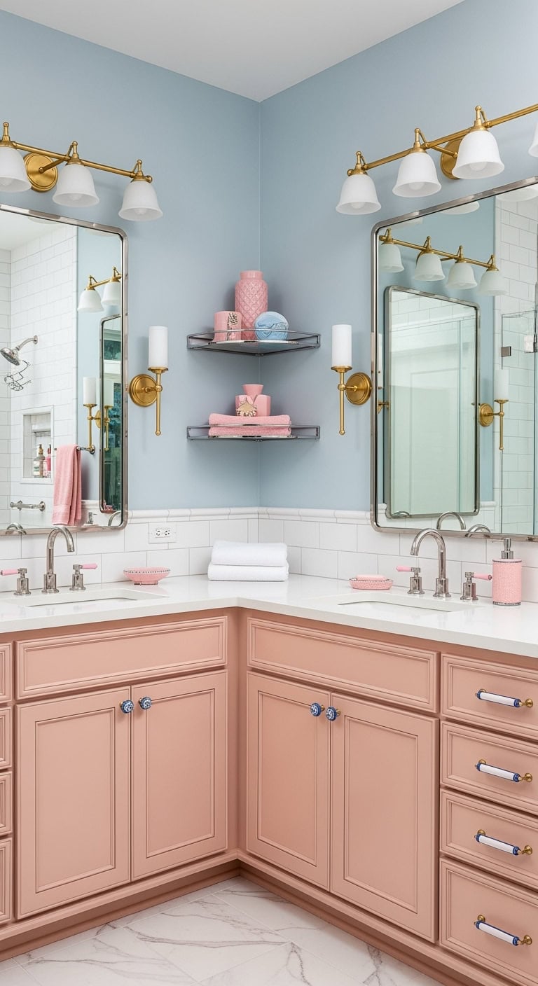 chic chrome accented pink and blue bathroom