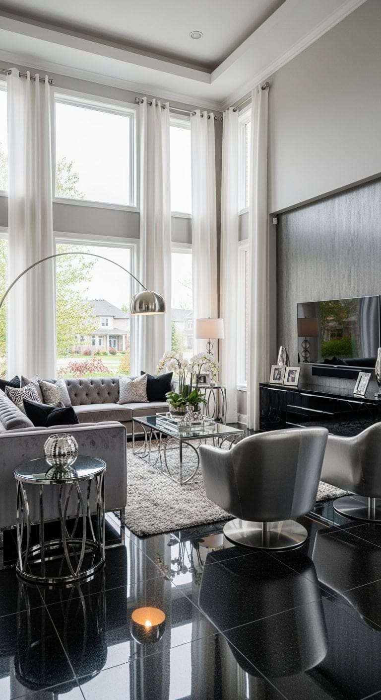 chrome accents black granite floors