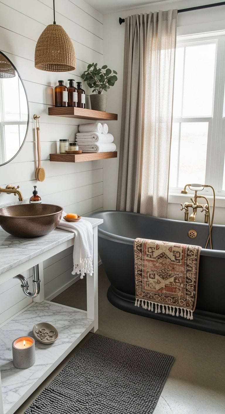 sophisticated moody spa like dramatic bathroom