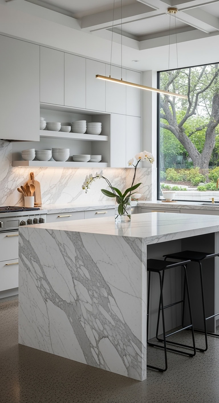 seamless waterfall countertop kitchen