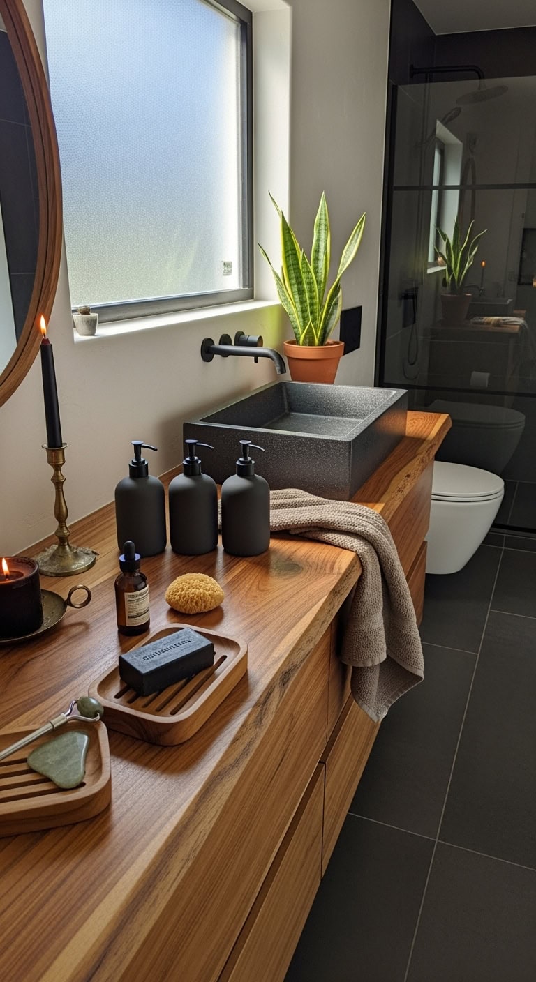 charcoal and teak bathroom elegance