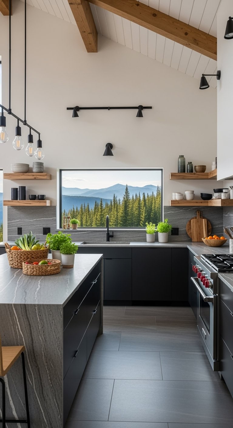 gray stone with pine shelving