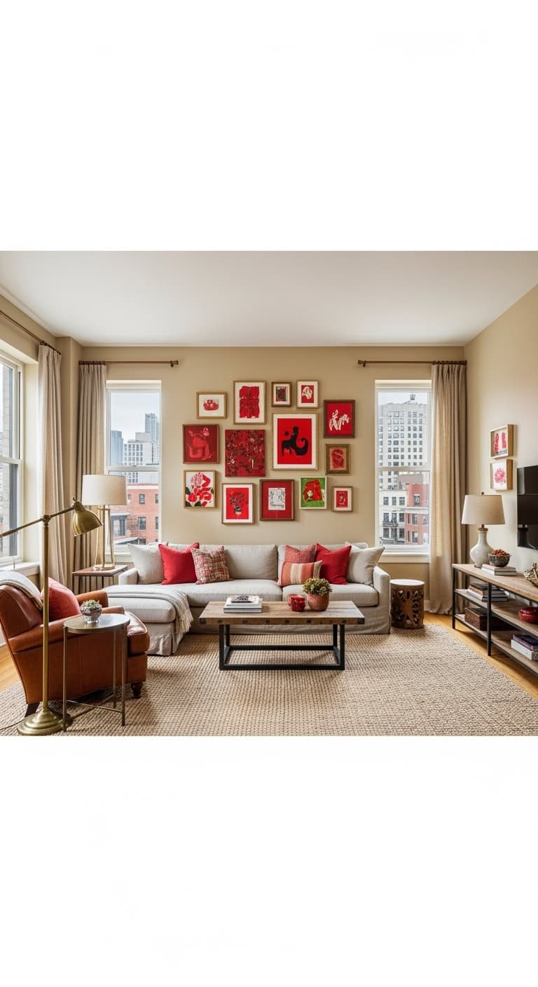 warm beige gallery wall with reds