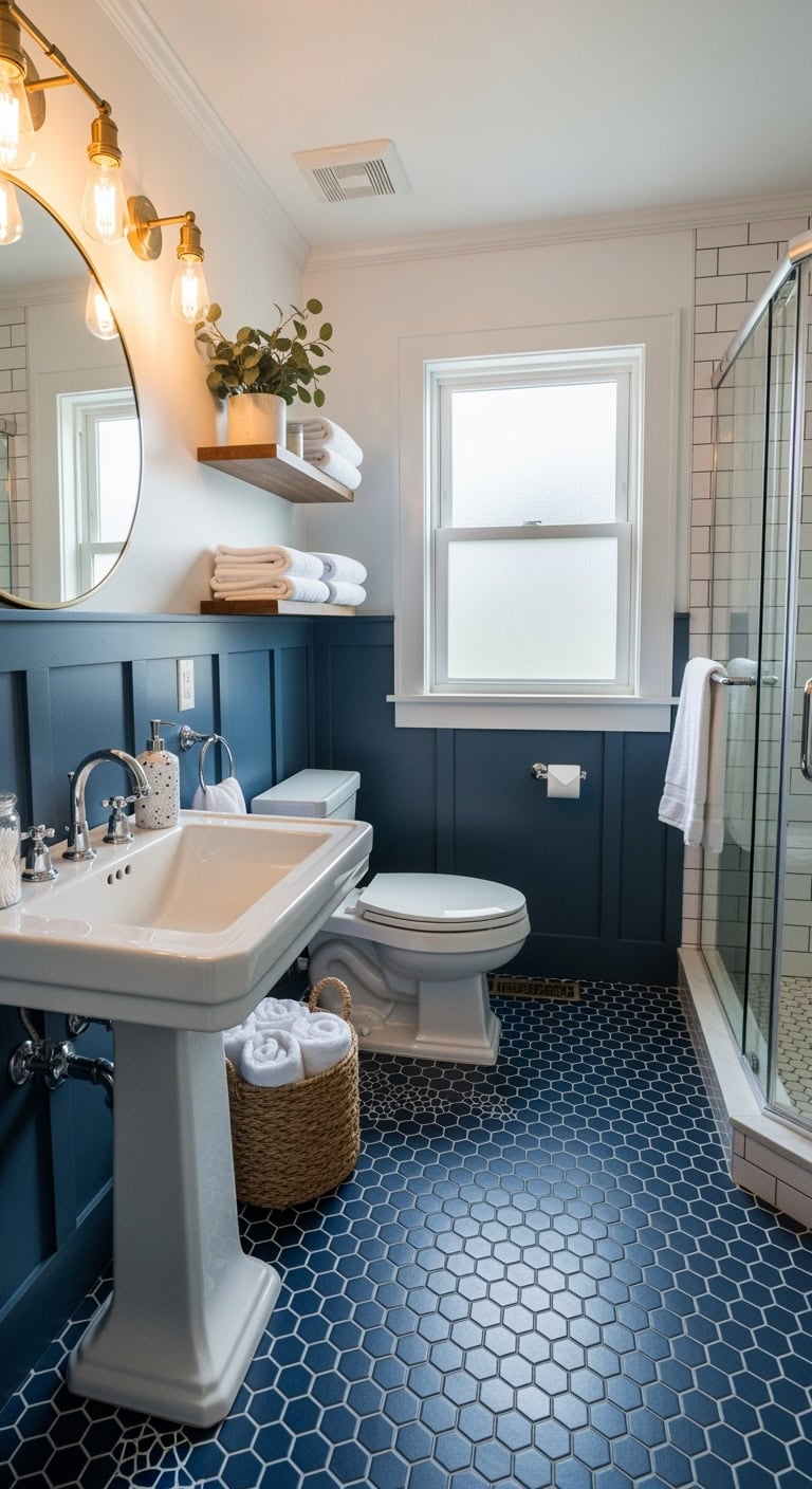 nautical navy hexagonal bathroom flooring