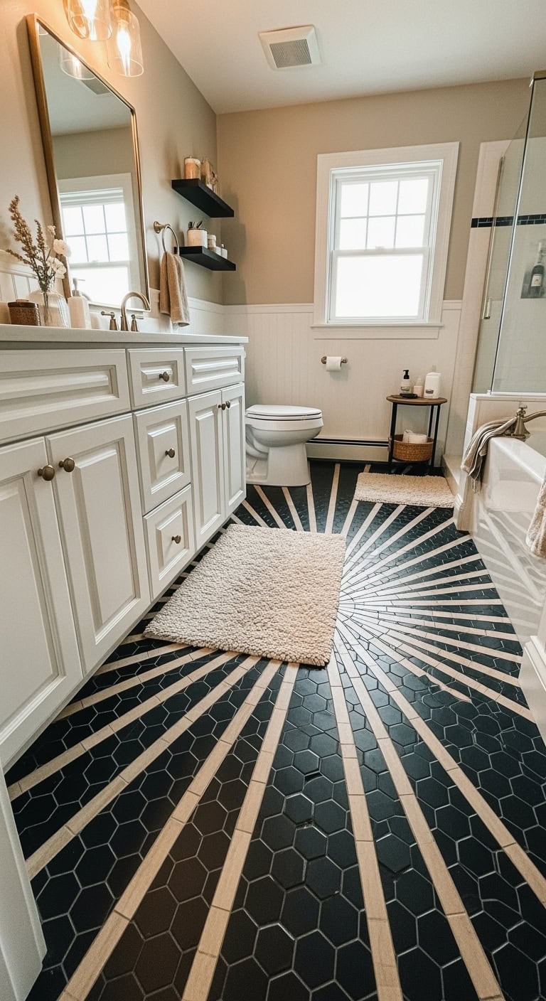 sophisticated versatile geometric bathroom aesthetic