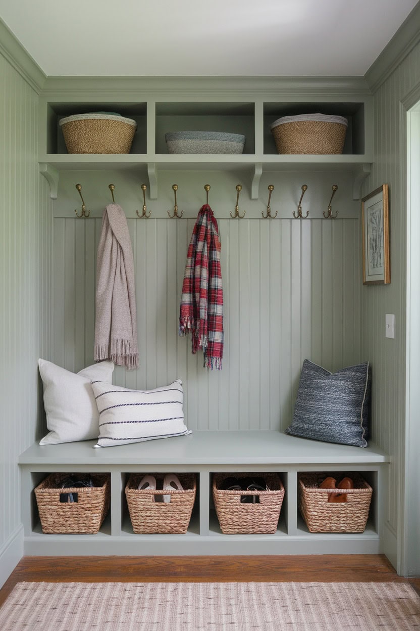 Cozy tiny mudroom featuring a built-in bench with hooks, stylish pillows, and storage baskets.