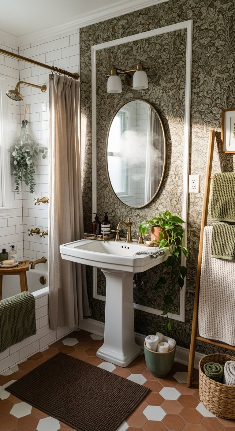 botanical vintage wallpaper accent bathroom