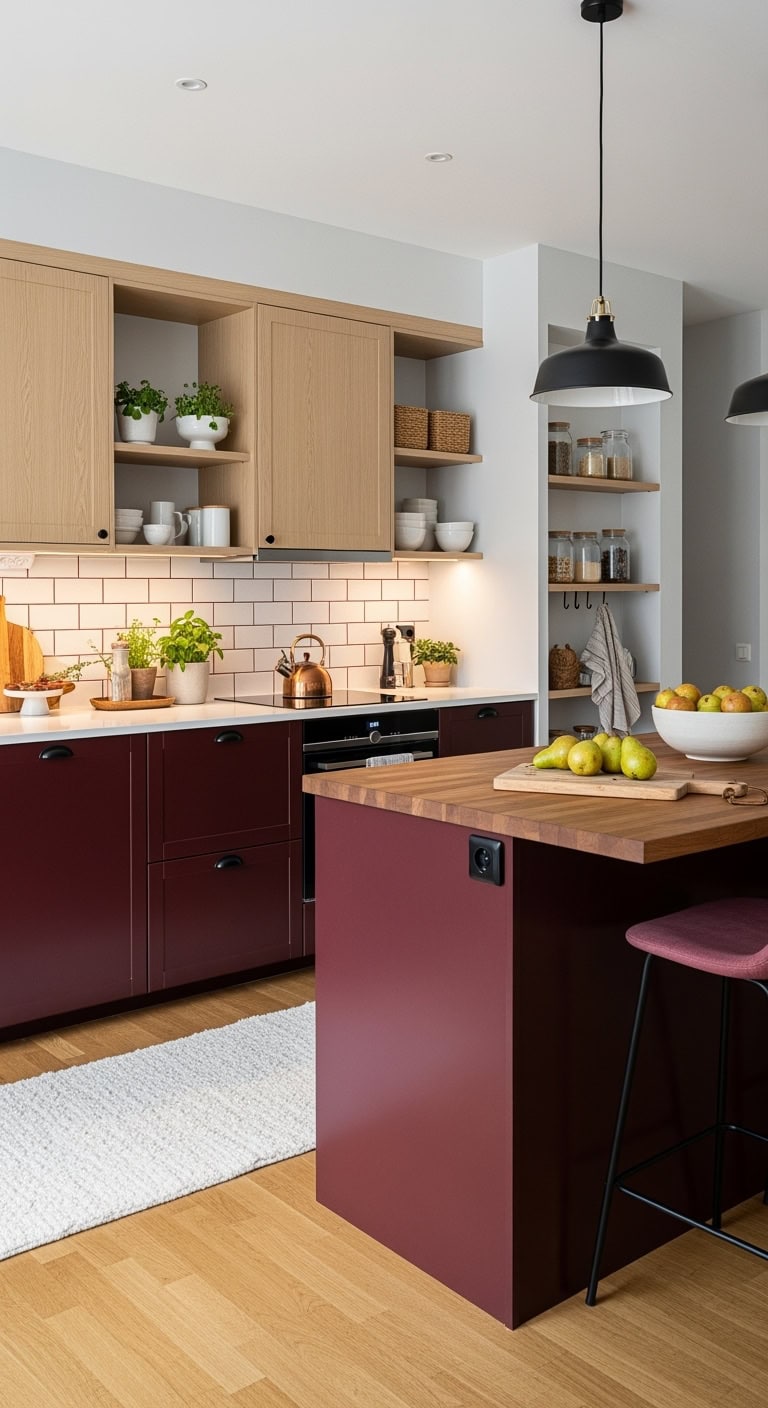 cozy burgundy kitchen accents