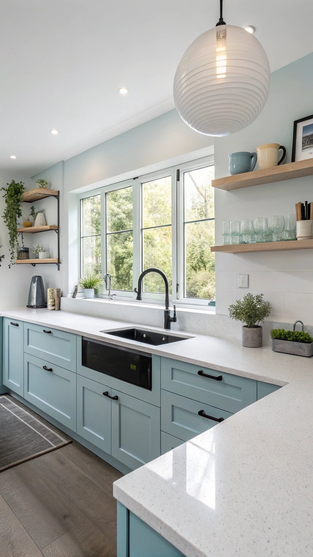 dreamy minimalist blue kitchen