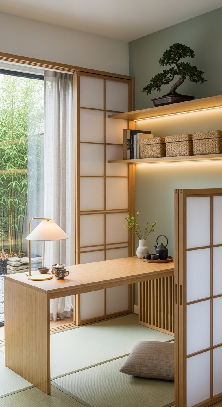 minimalist japanese inspired corner workspace