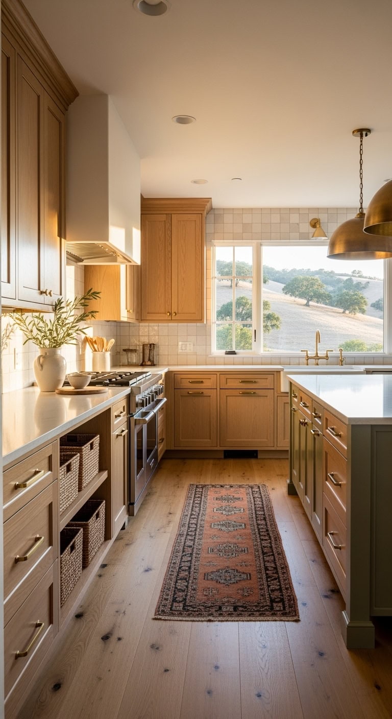 oak cabinets zellige brass