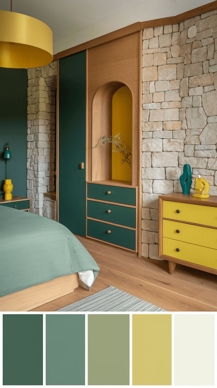 A cozy bedroom featuring emerald green and yellow decor, with natural stone walls and wooden furniture.