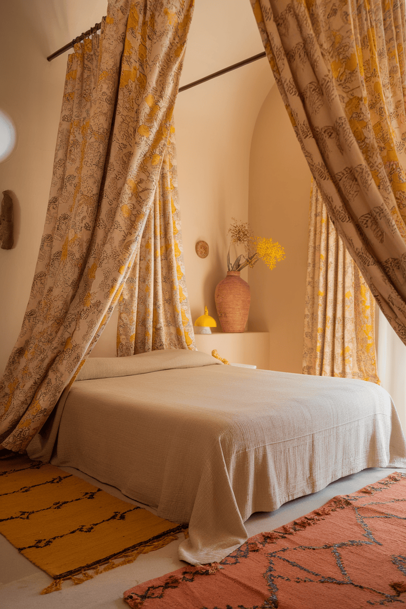 A room featuring yellow patterned curtains and terracotta rugs.