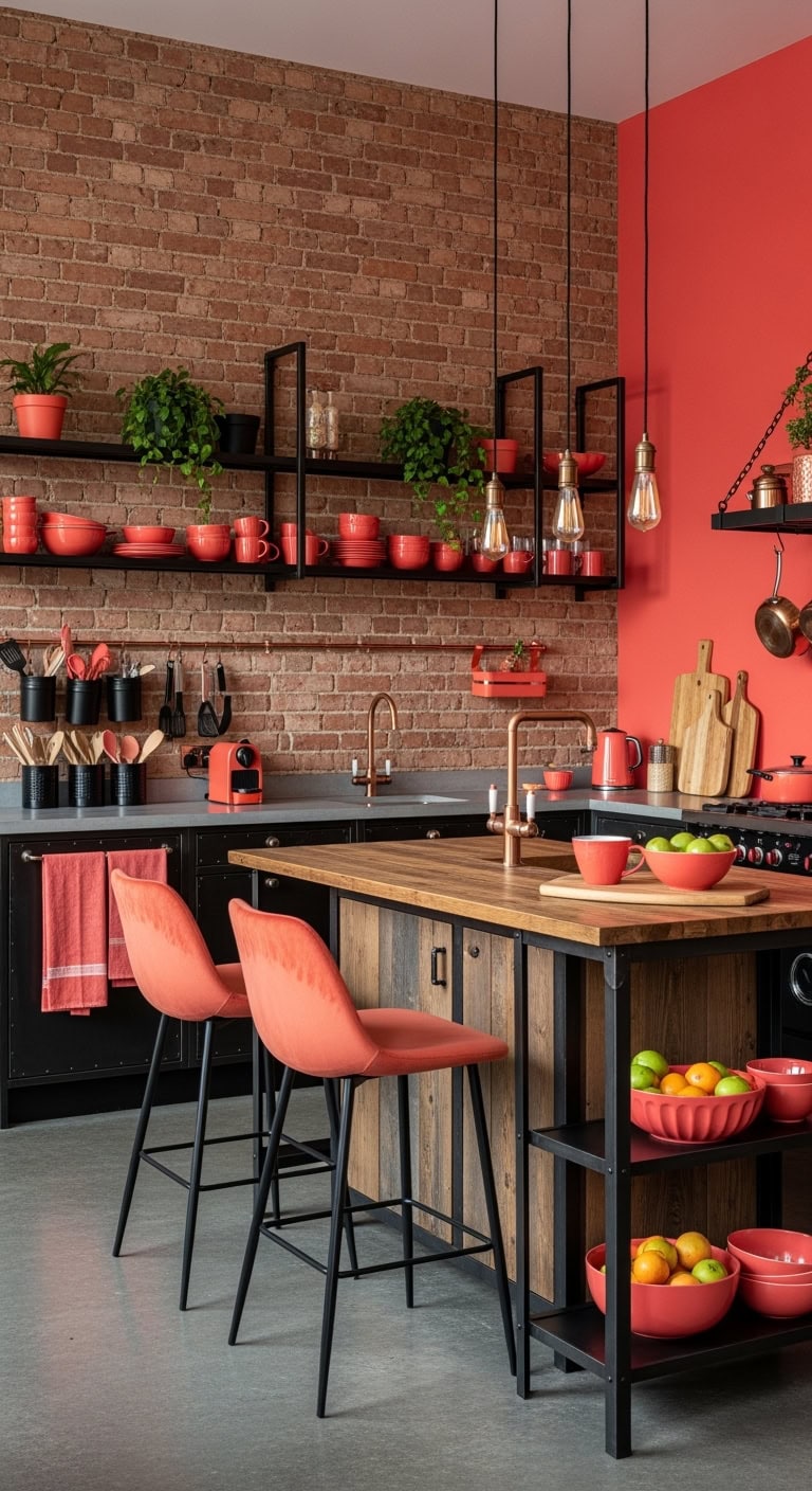 coral accents in industrial kitchens