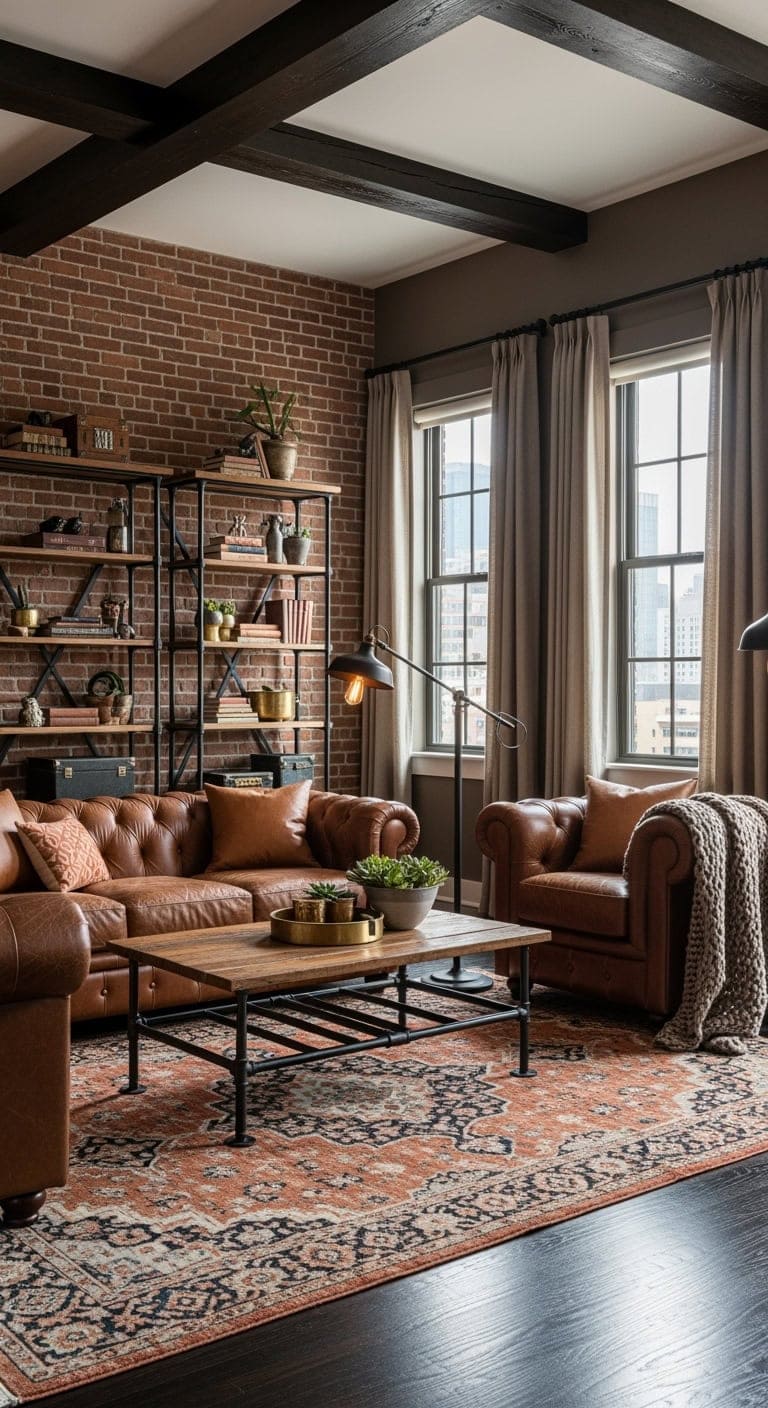 exposed brick cognac leather