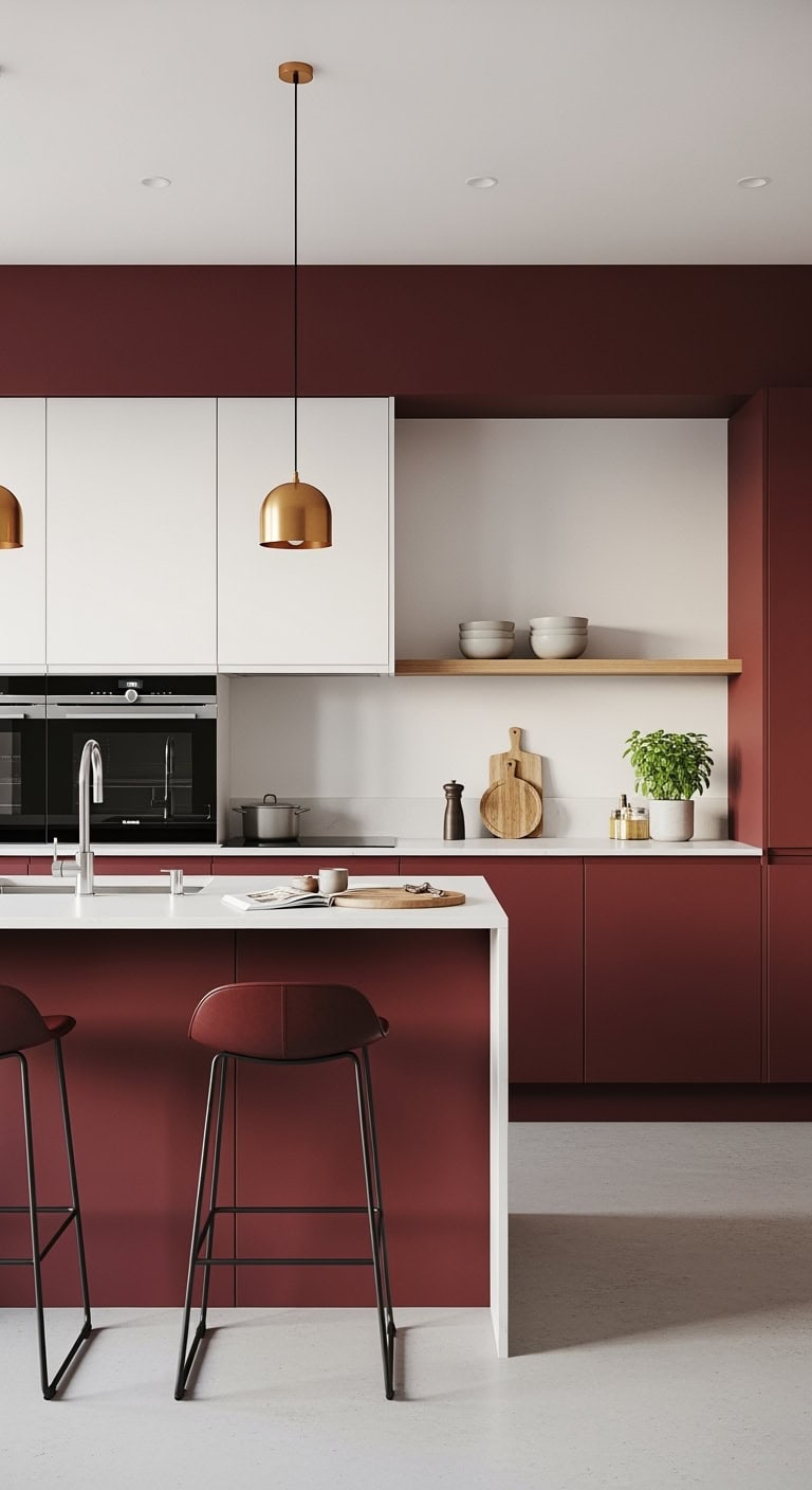 sleek minimalist burgundy kitchen