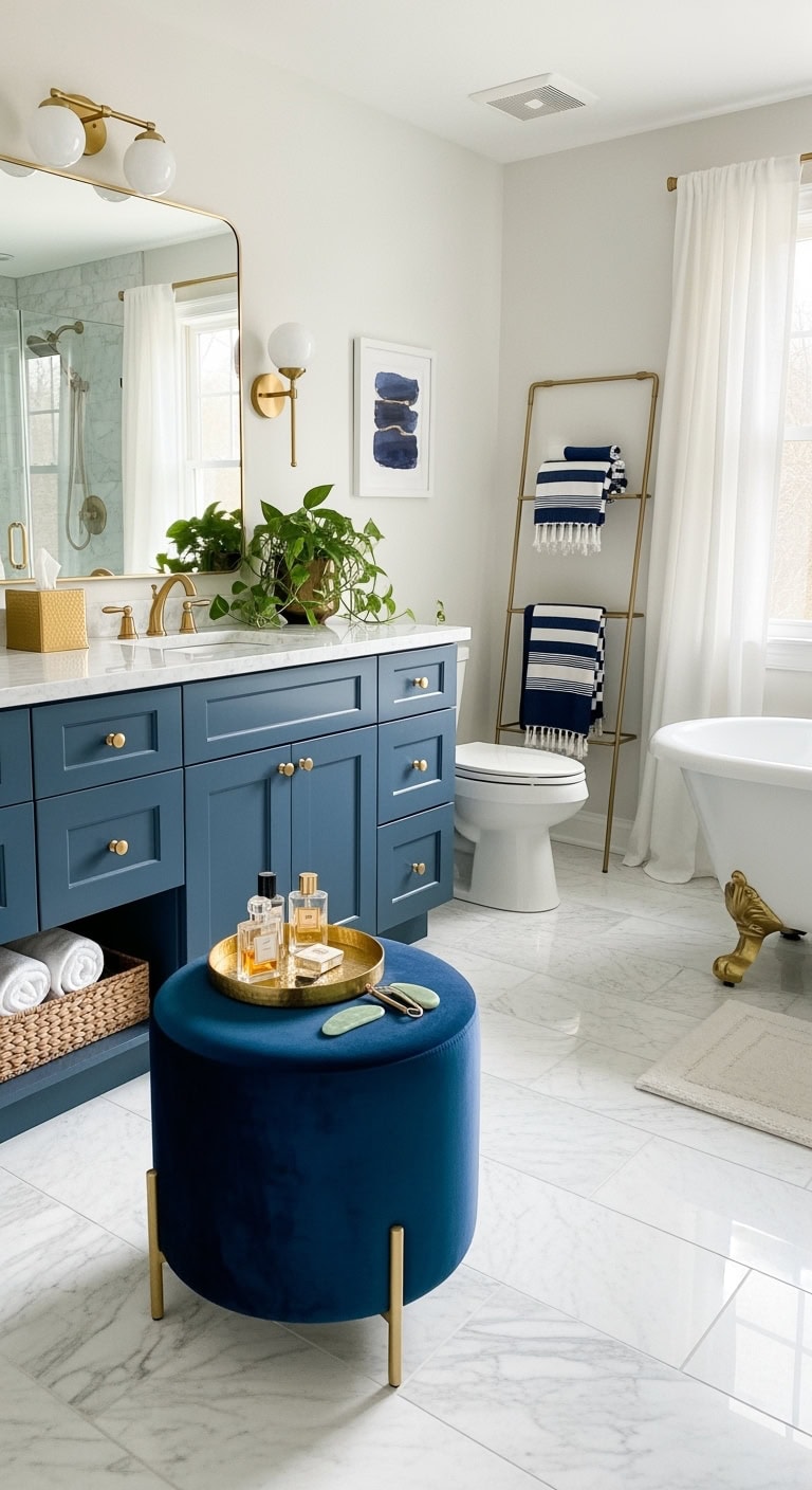 luxurious navy velvet bathroom ottoman