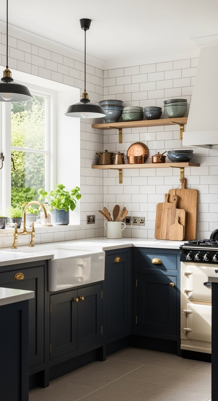 moody vintage inspired brass and subway tile