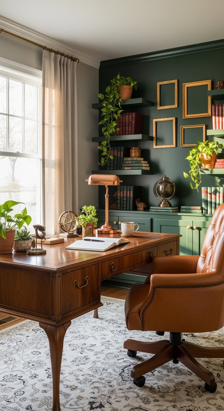 emerald accented office with luxurious elements
