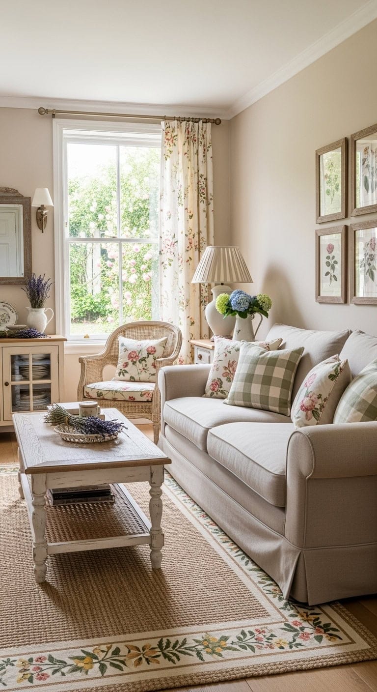romantic neutral cottagecore livingroom