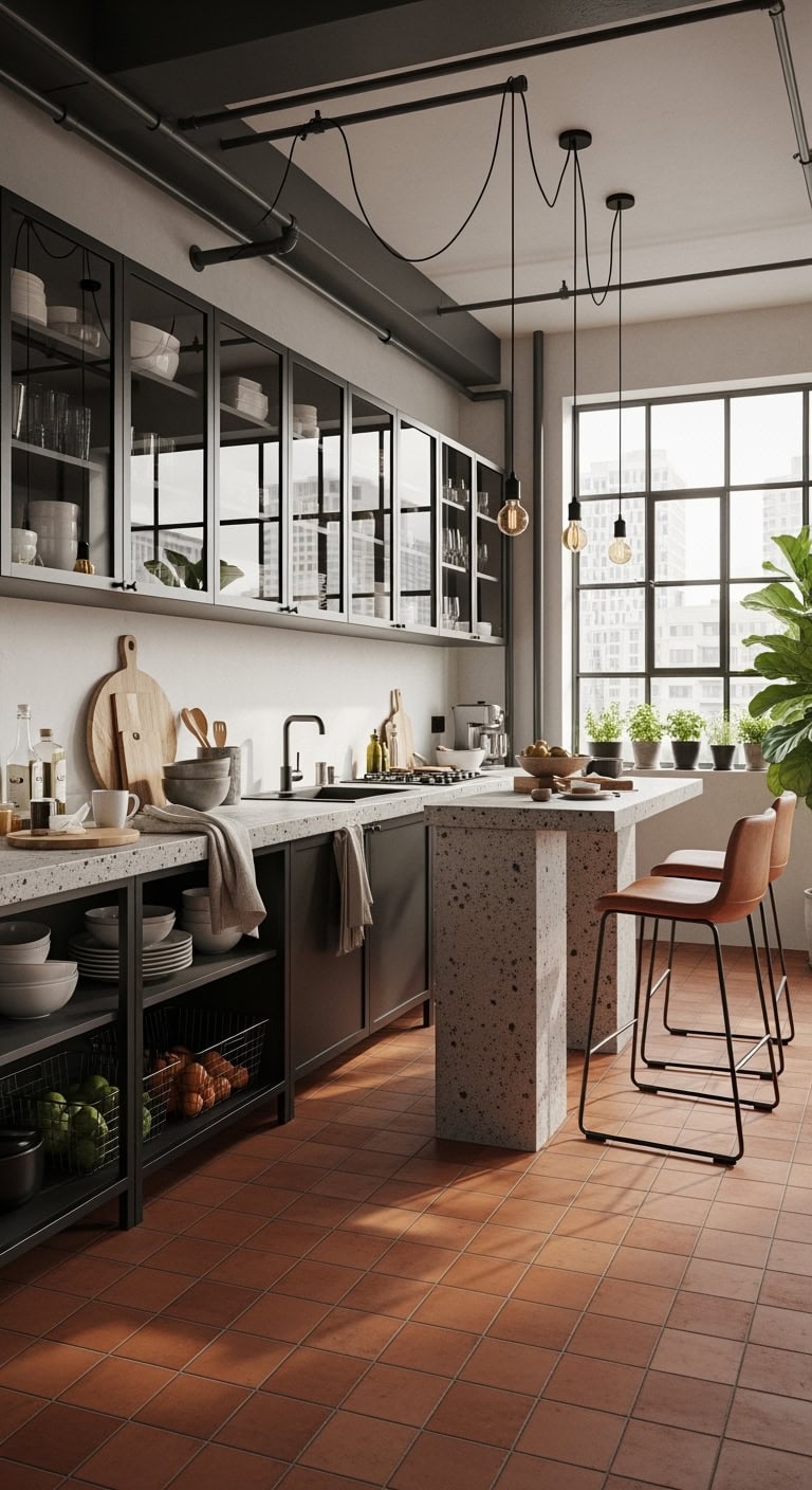 warm industrial loft with terracotta floors