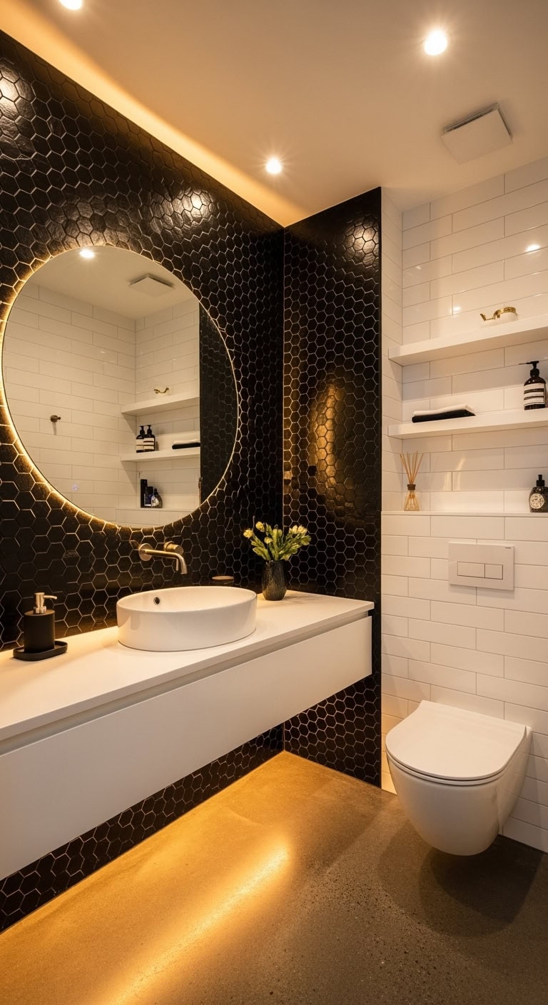 dramatic monochrome mosaic bathroom statement