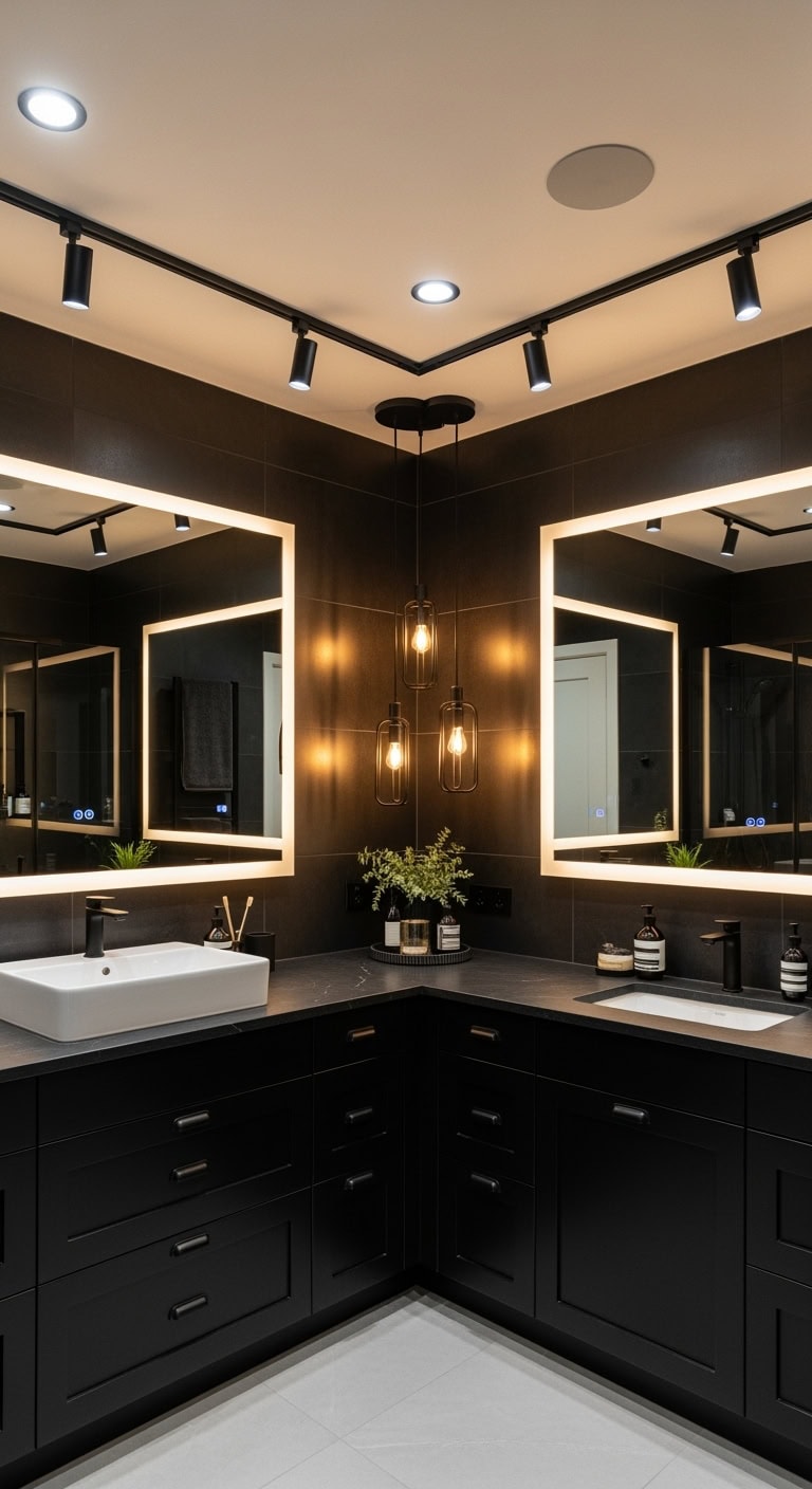 moody dramatic layered black bathroom lighting