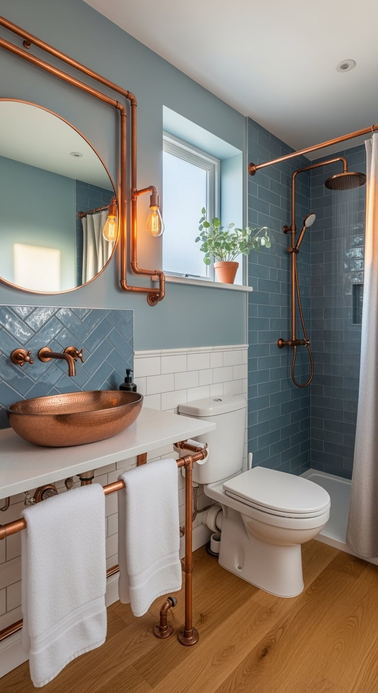 exposed copper industrial chic bathroom accents